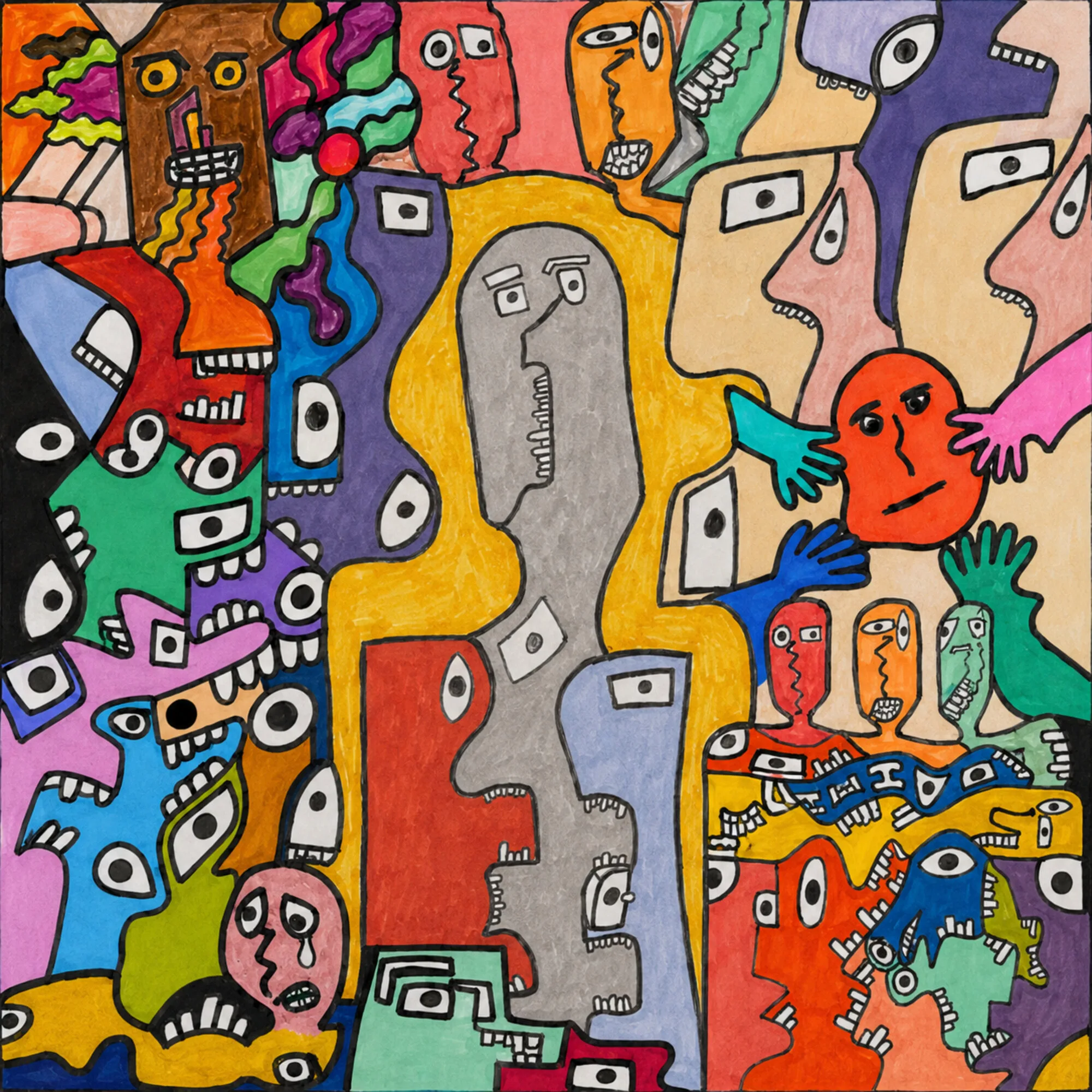 Underground album cover painted by S.R., a dense crowd of faces in saturated colour.