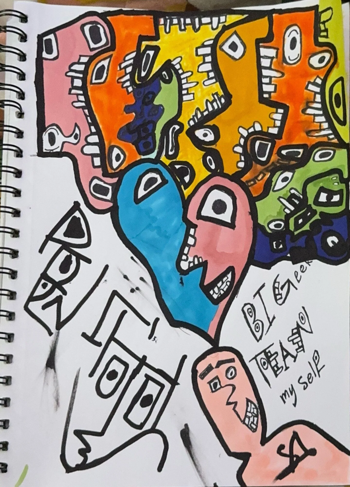 A sketchbook page with a crowd of small faces at the top, a split blue and pink heart used as a face below, and the words bigger than myself written by hand, signed SA.