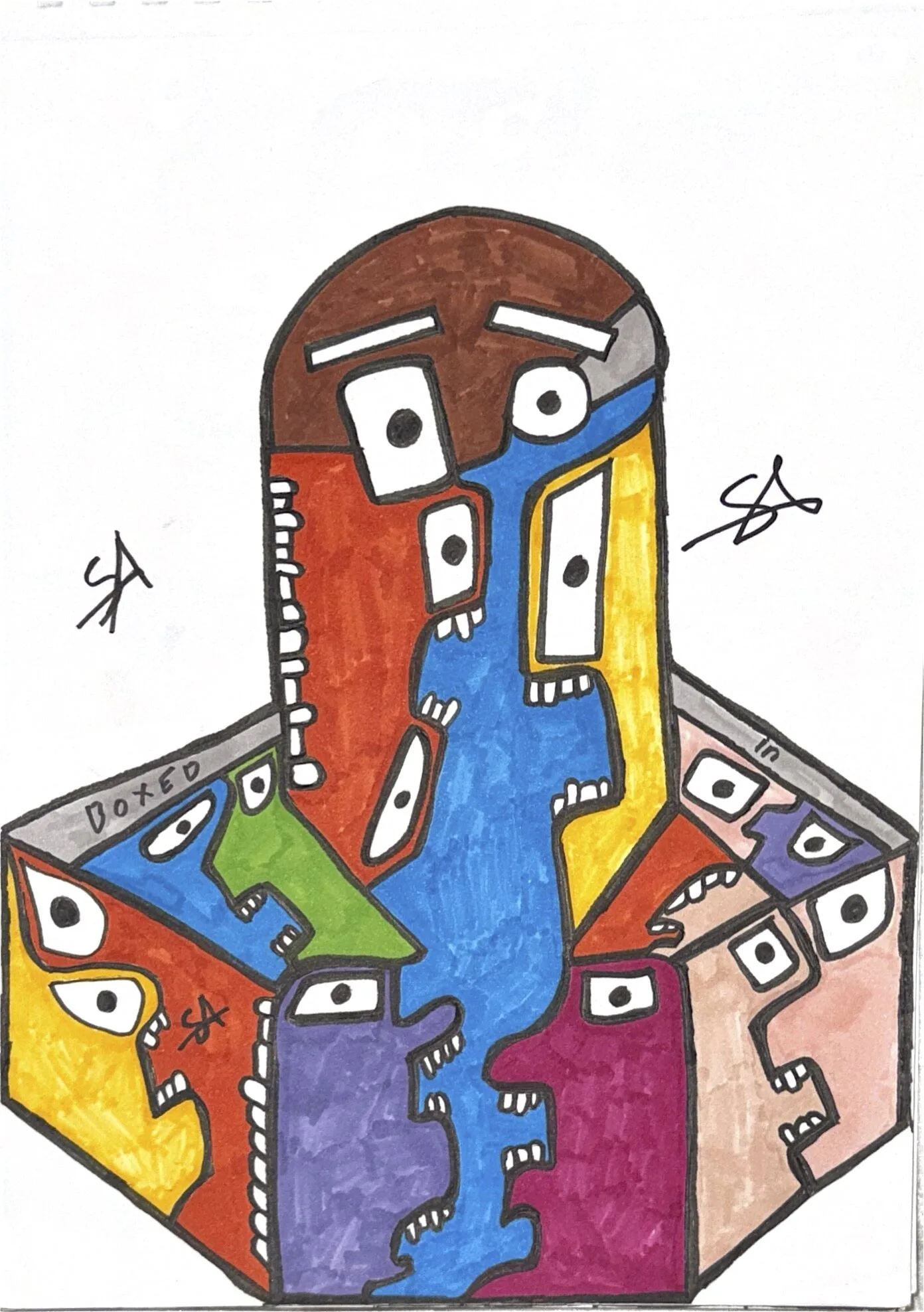 A single figure built from stacked colored cubes, yellow, blue, green, red, and brown, with a small calm head resting on top, standing alone on a pale ground.