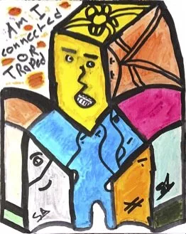 S.R. neo-expressionist painting Am I Connected or Trapped: stacked yellow, pink, blue, and orange faces locked in heavy black outline; the question hand-lettered.
