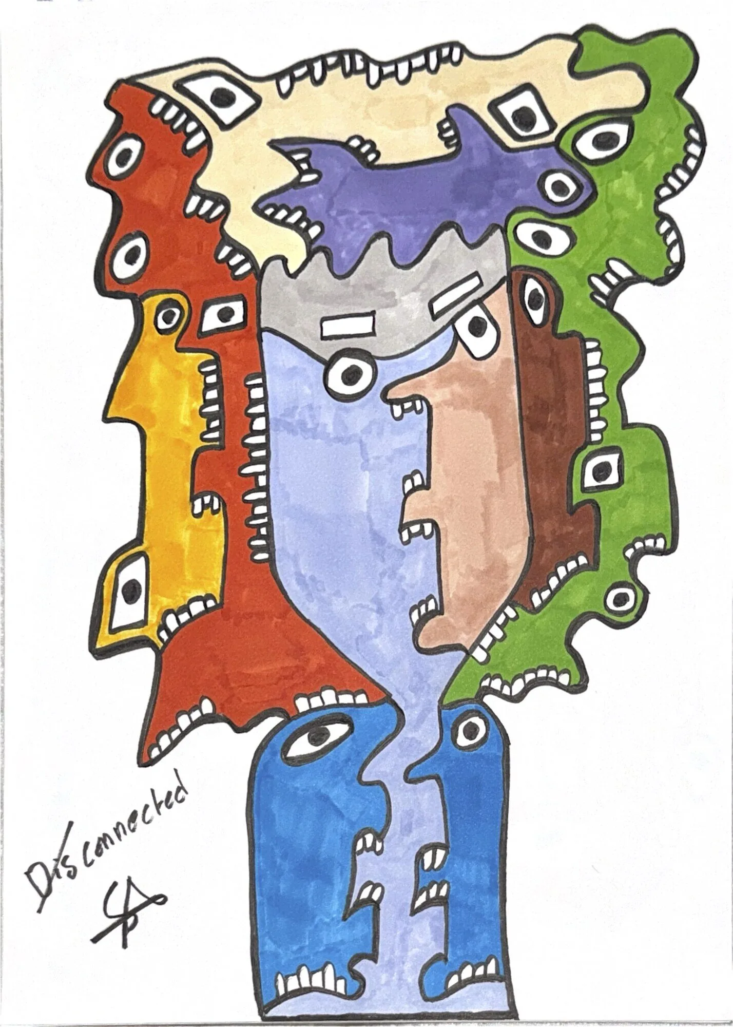 A tall totem of stacked faces in red, green, blue, grey, and ochre, each panel carrying its own eyes and small teeth, drawn in thick black outline on white paper.