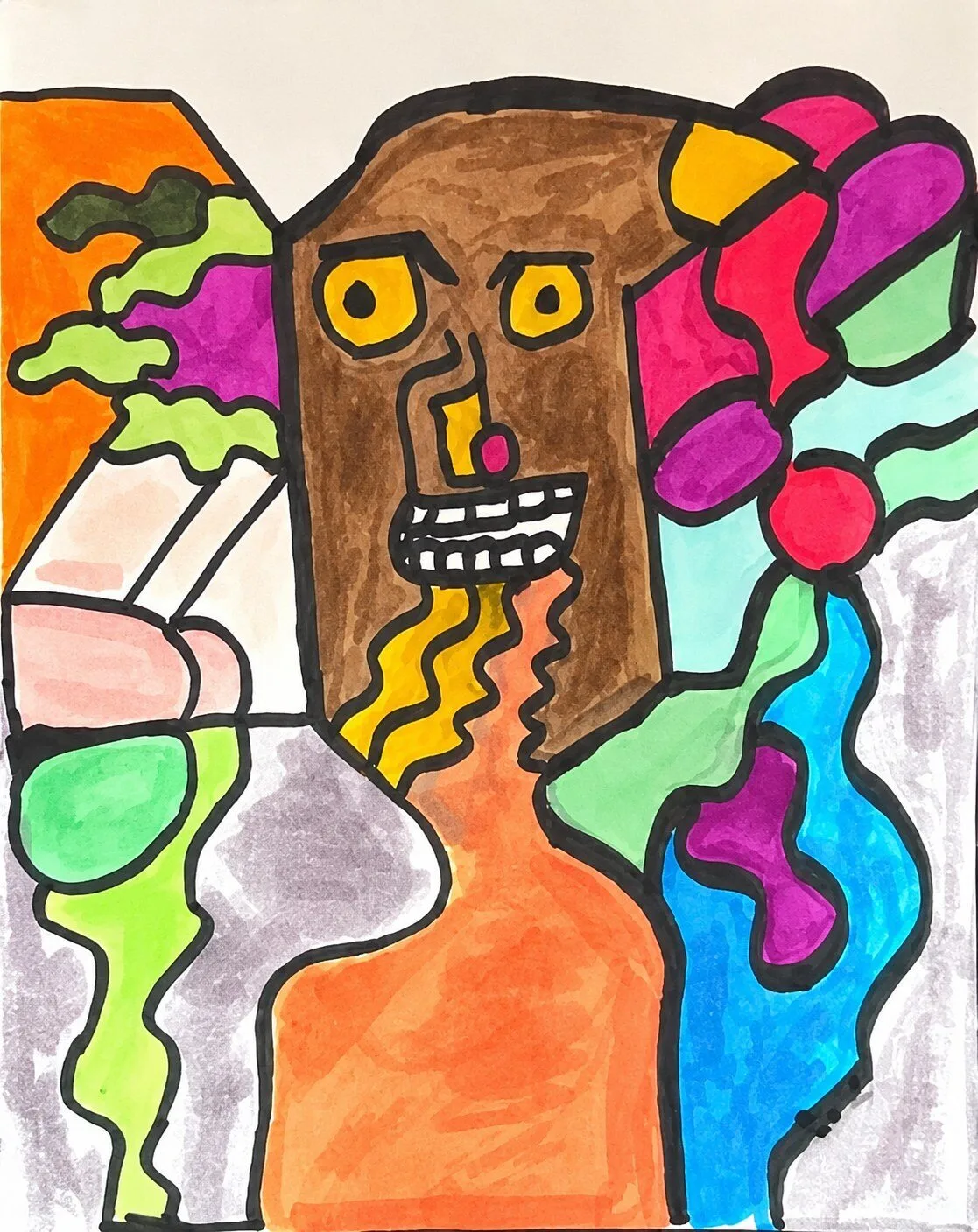 A single brown angular face with yellow eyes and bared teeth, an orange tongue pouring downward, surrounded by loose color shapes; the word disconnected is hand lettered across the top, split in two.