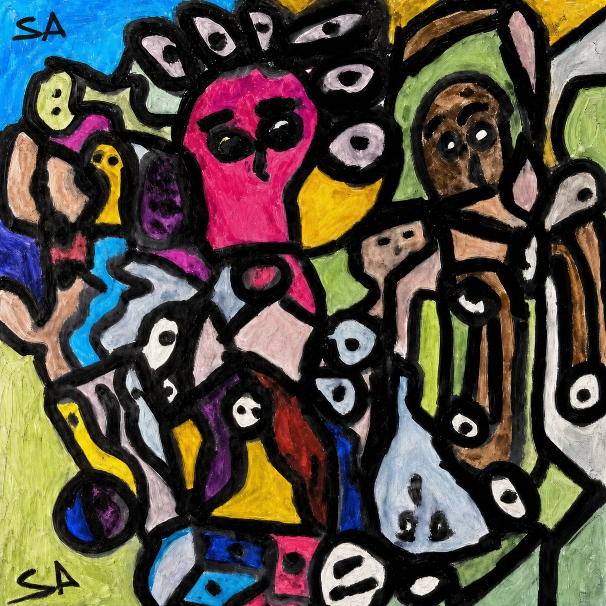 A dense composition of faces and figures in bright pink, blue, green, and yellow under thick black outline, eyes scattered across every surface, signed SA.