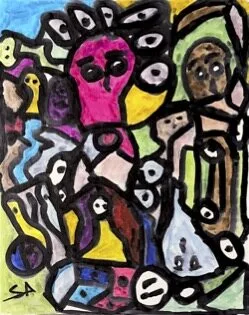 S.R. art brut painting Eyes: a dark crowd of overlapping masklike faces, a magenta face with large eyes upper-left, white eye shapes scattered throughout.
