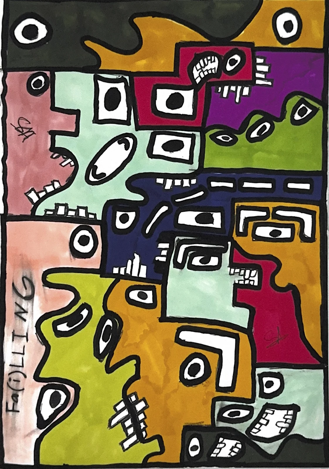 A full canvas mosaic of interlocking blocky faces in olive, pink, mint, red, purple, green, navy, and ochre, each with heavy outlined white eyes and teeth; the word Fa(i)LLING is hand lettered vertically along the left edge.
