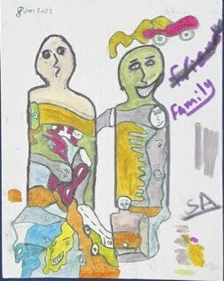 Two tall figures standing side by side, one darker and one green, drawn in a raw childlike hand with the word family written beside them and signed SA.