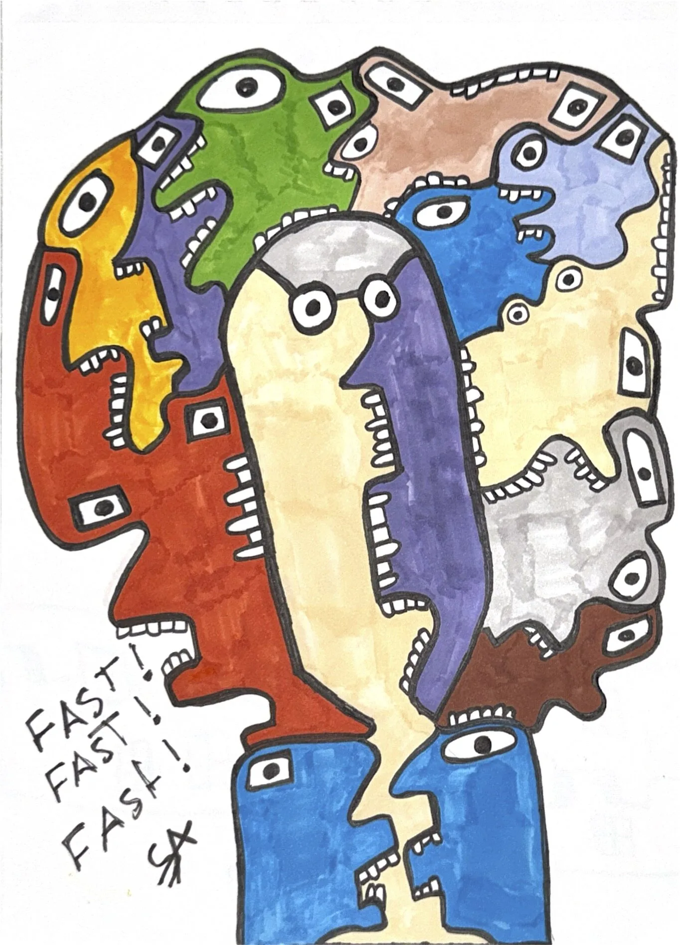 A large profile head in cream and purple with a closed eye, its hair built from cascading blocks of green, orange, and blue, the words Fast Fast Fast lettered in the lower left.