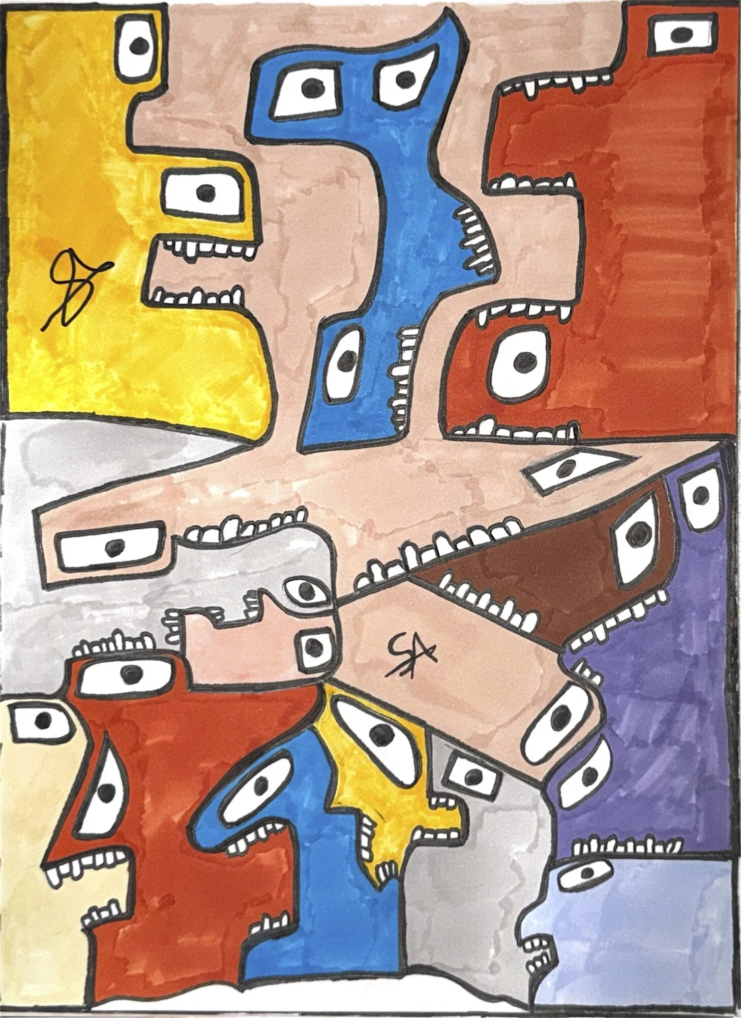 A tall stack of colored figures and blocks in yellow, orange, purple, and red pierced by small white eye-windows, with a blank where a title would go.