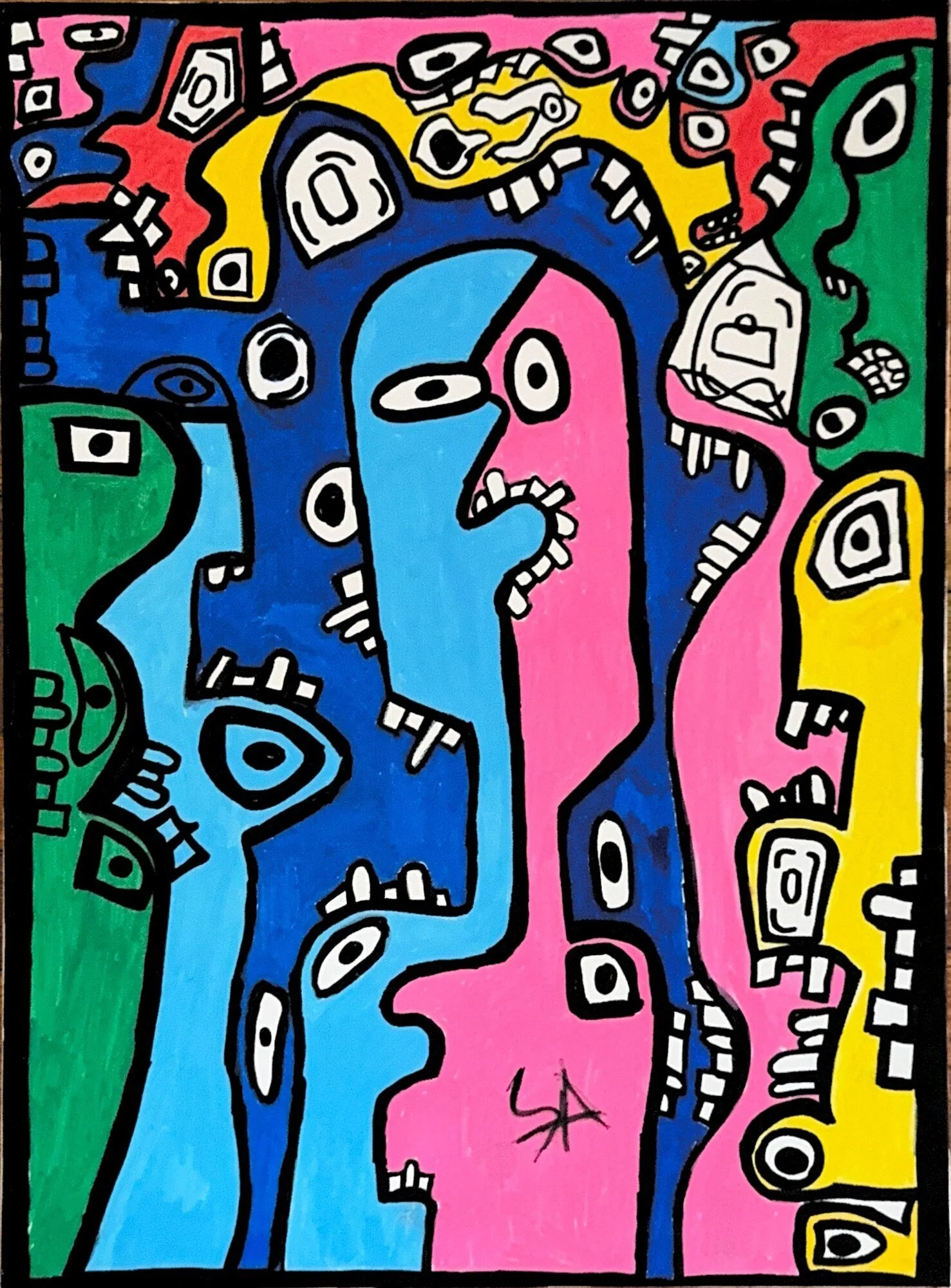 S.R. neo-expressionist painting Fractured: fragmented faces in bold blocks of blue, pink, green, and yellow under thick black outline, eyes scattered throughout.