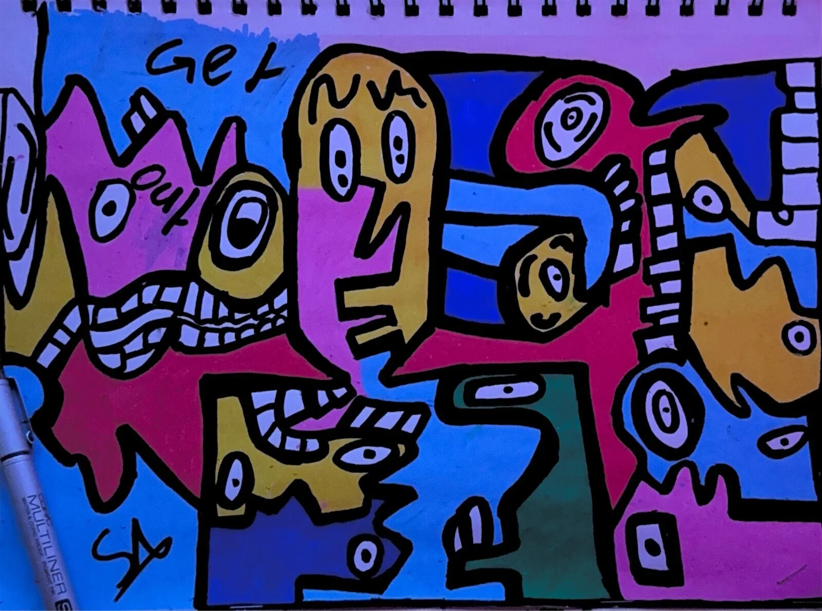 A vivid purple and teal field crowded with interlocking figures and eyes, orange accents throughout, the words Get Out lettered into the upper area of the canvas.