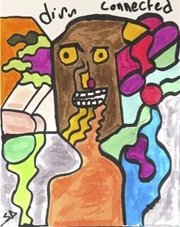 Tall orange and tan figures with a central brown face patterned with eyes, pink floral forms around the edges, the word connected lettered into the composition.