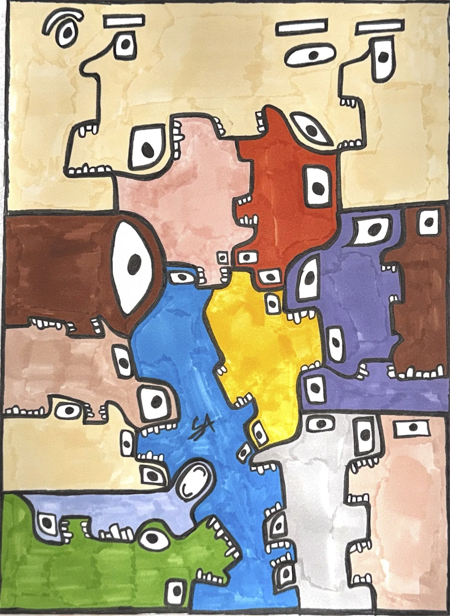 Two blocky figures in blue, brown, and purple joined across a warm tan ground, their bodies sharing edges and dotted with small white windows.