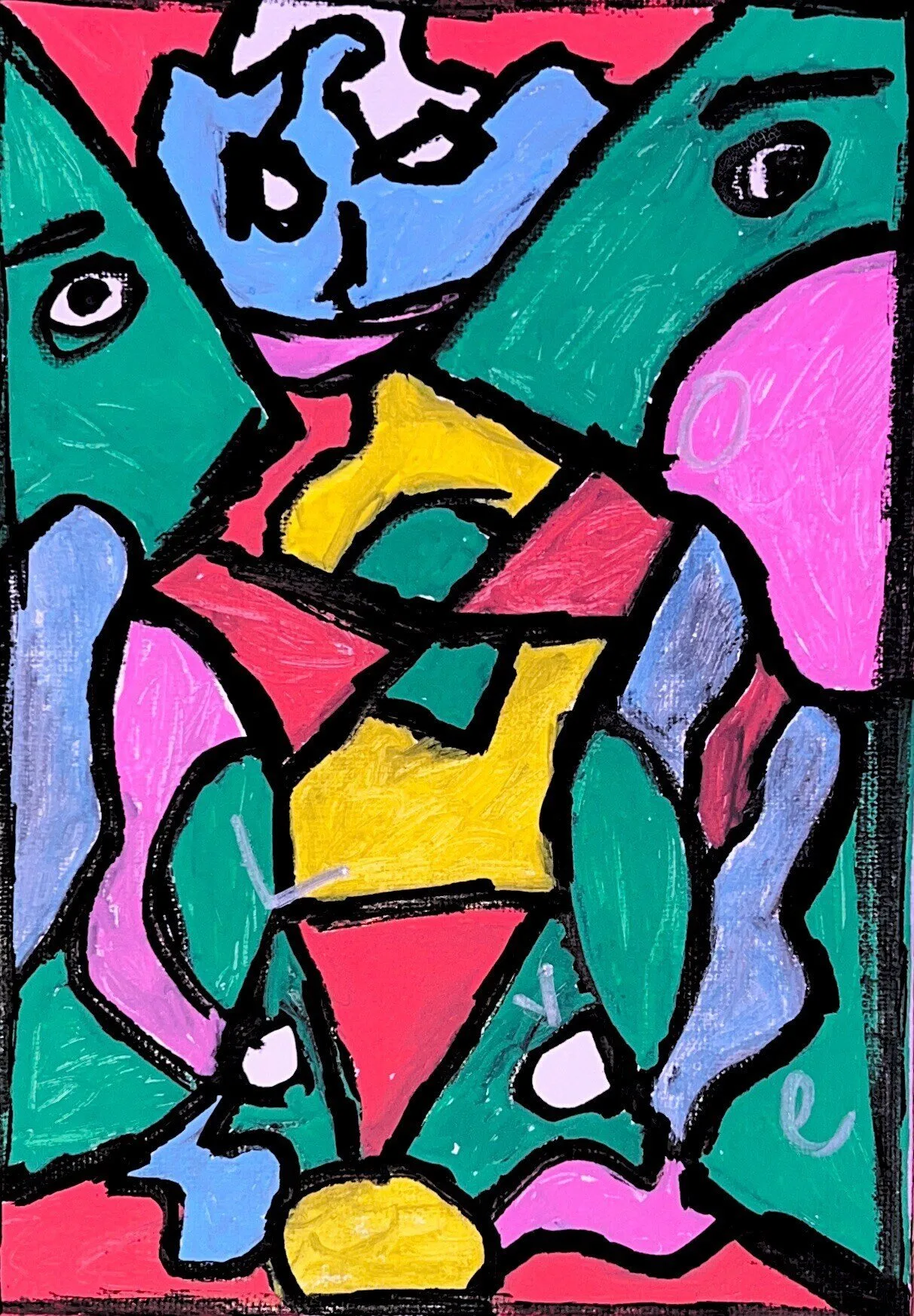 A figure folded out of green, pink, blue, and yellow color blocks under thick black outline, a calm face at the top, on a red and pink ground.