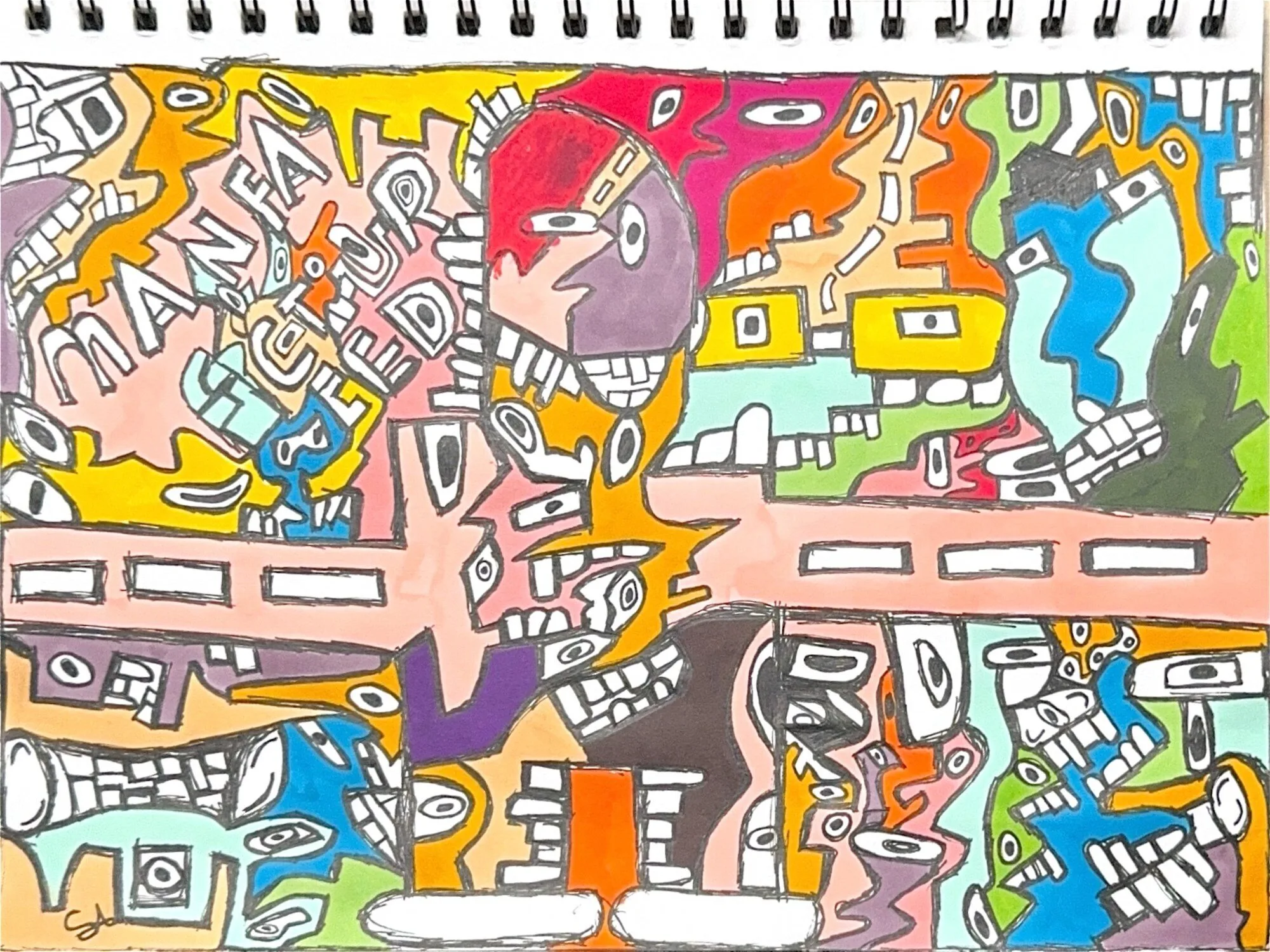 A dense horizontal sketchbook composition like an assembly line, packed with faces and parts in red, orange, blue, and grey, with the word manufactured stamped across it, signed SR.