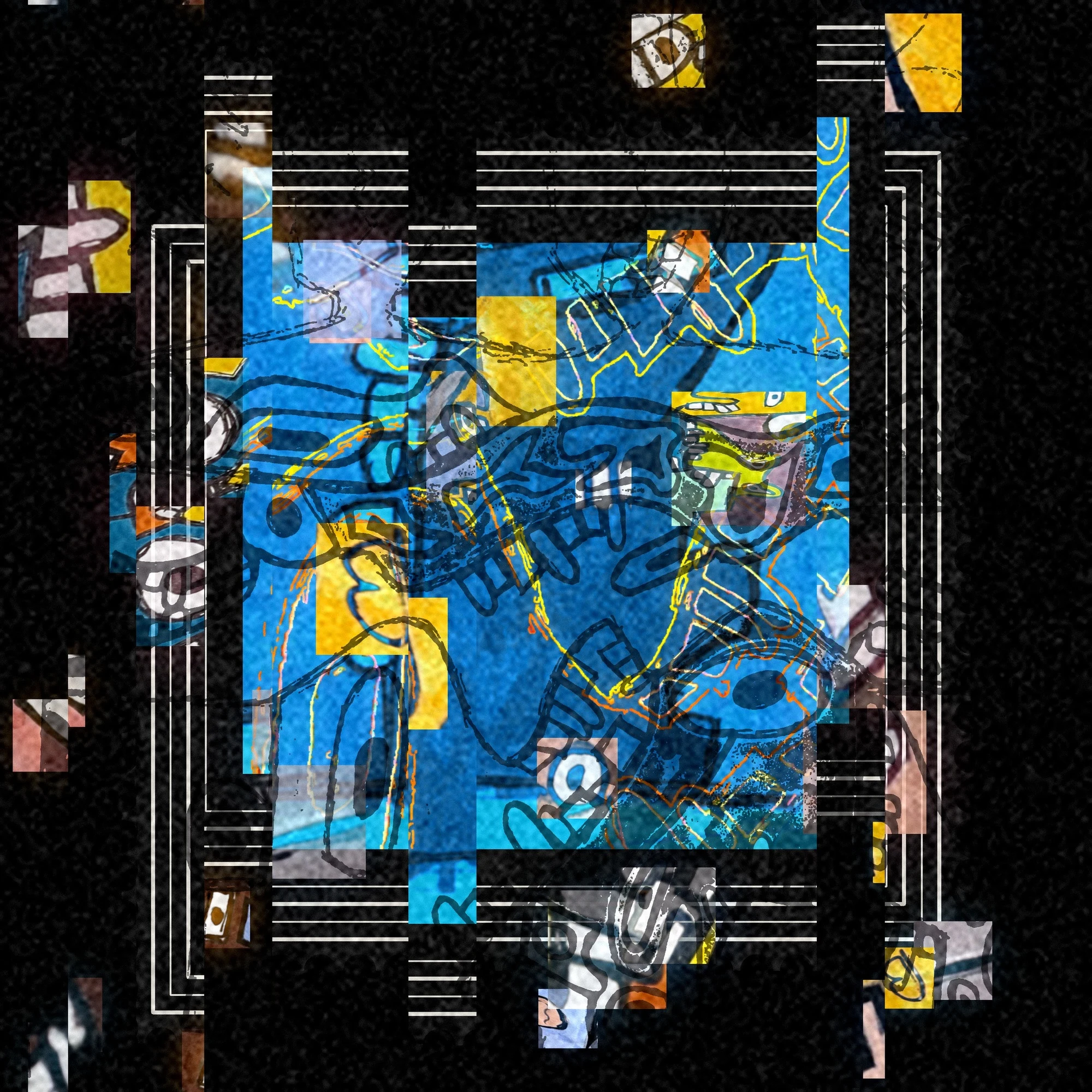 S.R. digital series Old Initial Drafts: six glitch compositions of painted faces in blue, orange, pink, yellow, and black, broken into pixel blocks, scan lines, and static.