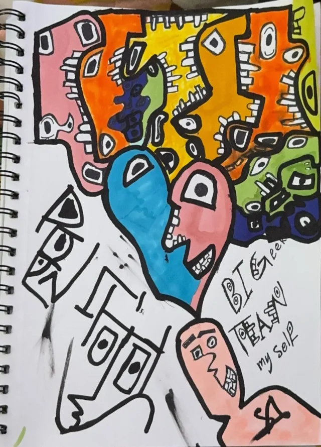 A sketchbook page with a crowd of small faces at the top, a split blue and pink heart used as a face below, and the words bigger than myself written by hand, signed SA.