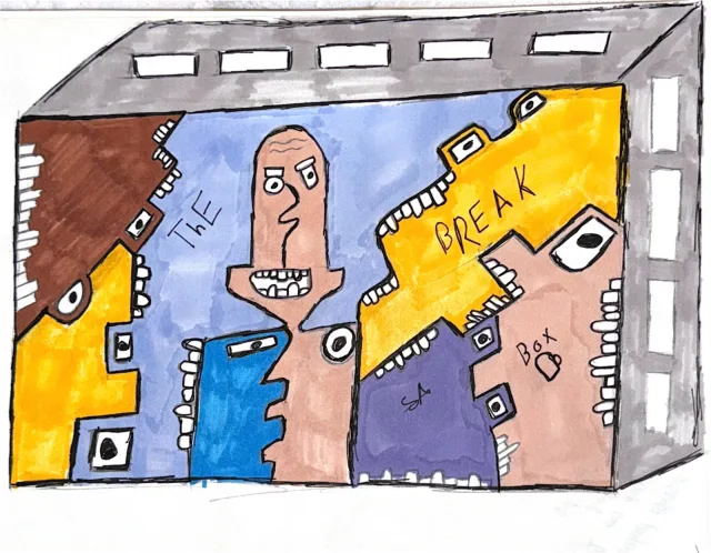 A room seen from inside a box, with a grey corrugated ceiling and white vent slats, a wide eyed face grinning up from the center, and interior walls of brown, blue, orange, and purple lined with teeth and small square eyes; the words the break box are hand lettered on the walls.