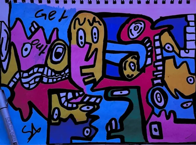 A vivid purple and teal field crowded with interlocking figures and eyes, orange accents throughout, the words Get Out lettered into the upper area of the canvas.