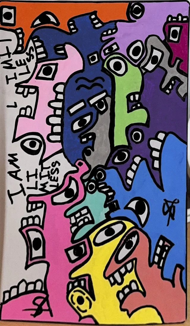 A dense vertical crowd of colorful figures and faces in pink, blue, orange, and green, full of eyes, with the phrase I am limitless I am limitless lettered down the right edge.