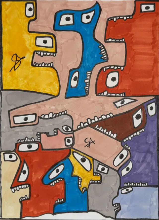 On a pale salmon ground with wide negative space, a central grey and pink standing figure with zigzag teeth down its middle is surrounded by a yellow face, a two eyed blue shape, a red orange face, and a bottom row of smaller face fragments.