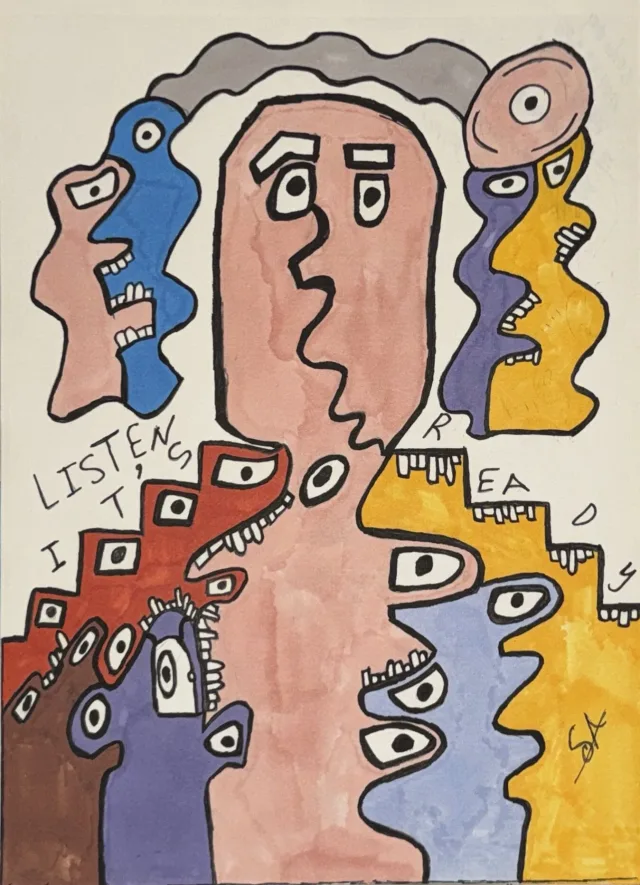 A row of grey, blue, and cream figures with worried faces, an orange eye floating at the upper right, the words Listen it's ready lettered into the field.