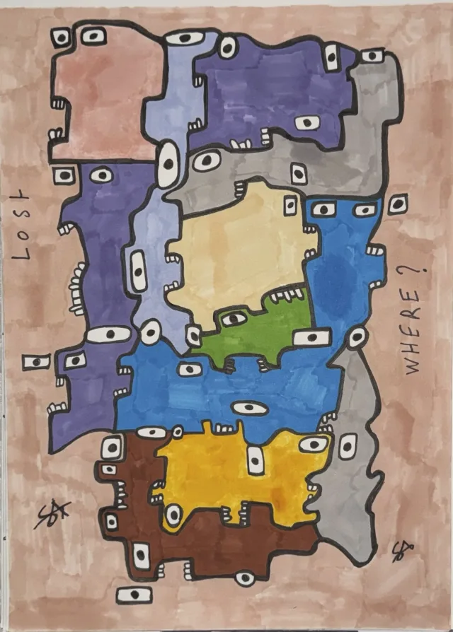 Blocky figures in purple, blue, and brown arranged on a pink and tan ground, with the question Lost? Where? lettered at the upper right.