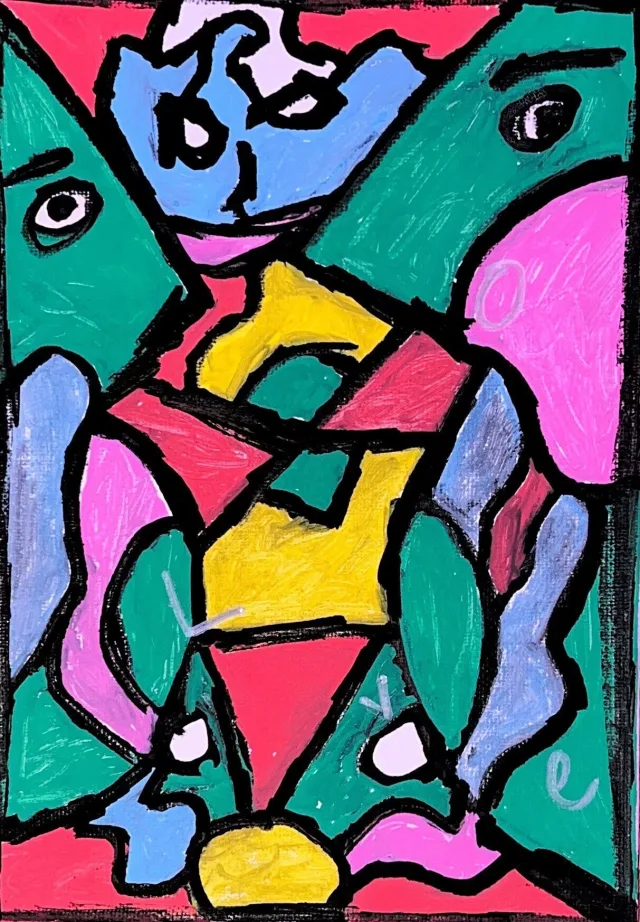A figure folded out of green, pink, blue, and yellow color blocks under thick black outline, a calm face at the top, on a red and pink ground.