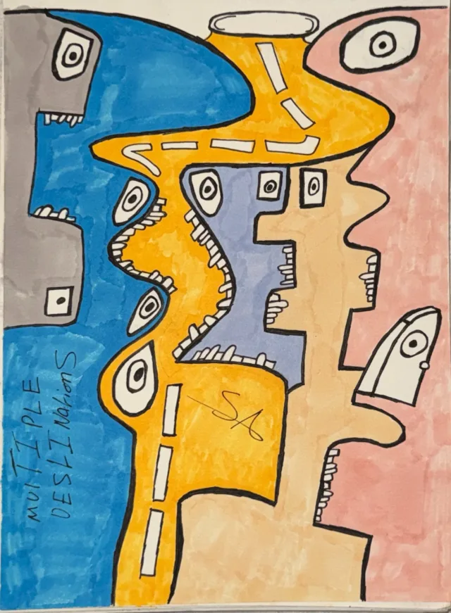 A winding road with white dashed lane markings forks through the canvas, flanked by grey, blue, orange, and pink face fragments with single stylized eyes; the words multiple destinations run vertically along the left edge.