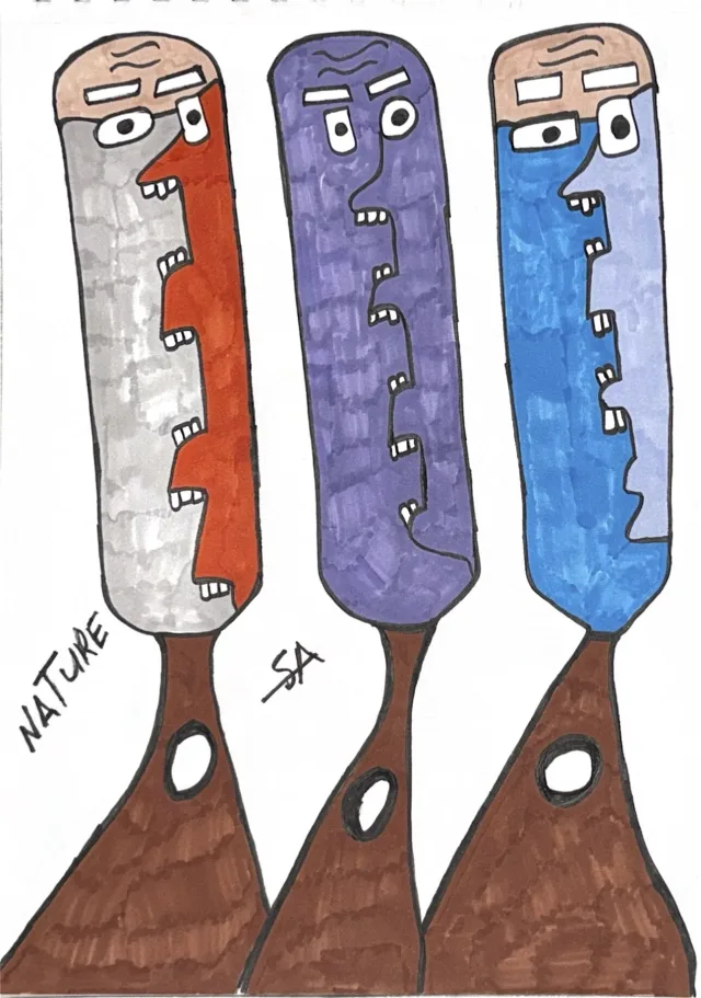 Three tall totem figures in grey-blue, purple, and blue standing on slender brown stems like lollipops or trees, the word Nature lettered below, on white.