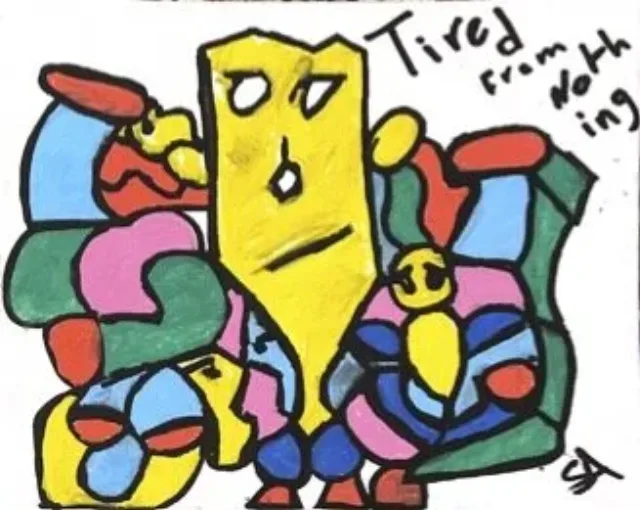 S.R. neo-expressionist painting Tired of Nothing: a large yellow figure with a worried round face ringed by colorful blocks; Tired from doing nothing lettered.
