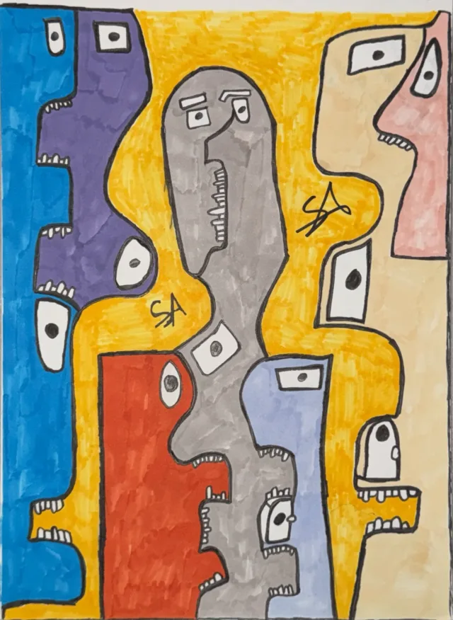 A tall grey and tan figure with serrated teeth running down its torso like a spine, flanked by a blue purple toothy profile on the left and a red and orange blocky face on the right, with a pale elongated eye profile and scattered eye squares below.
