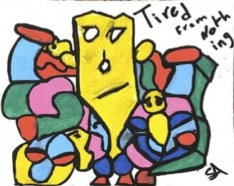 S.R. neo-expressionist painting Tired of Nothing: a large yellow figure with a worried round face ringed by colorful blocks; Tired from doing nothing lettered.