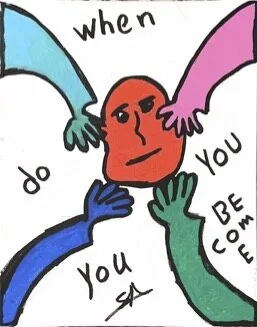 S.R. neo-expressionist painting When Do You Become You: a red-faced figure with one pink and one blue wing on white; the question lettered around it.